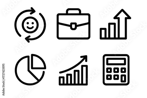 Business Tools Icons. Business tools icons in outline style: feedback loop, briefcase, upward arrow, pie chart, bar graph, calculator