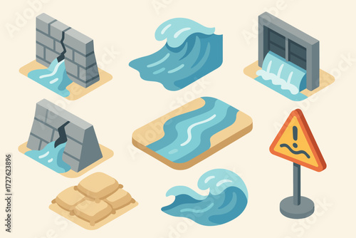 Flood Defense Icons. Objects set icons in modern isometric flat : cracked levee wall, rushing water, floodgate, broken dam, riverbank, sandbags,