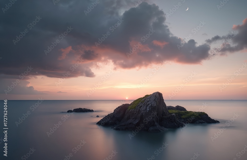 Obraz premium Rocky sea stacks emerge from calm ocean water at sunset with clouds and crescent moon visible in twilight sky. Gentle waves lap rocky shorelines, reflecting soft pastel colors.