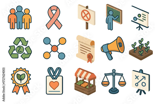 Isometric Policy Icons. Community and policy set icons in modern isometric flat : group figures, awareness ribbon, protest sign, education board, eco