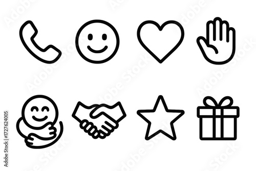 Friendly Icon Set. Friendly chat icons in outline style: phone call, smile face, heart, raised hand, hug, handshake, star, gift box.