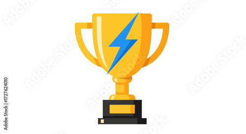Shiny gold trophy cup with a blue lightning bolt emblem on a black stand.