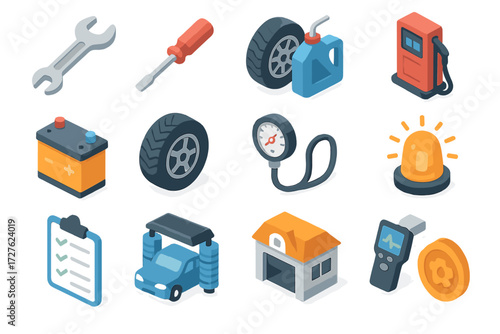 Isometric Maintenance Icons. Maintenance set icons in modern isometric flat : wrench, screwdriver, oil can, gas pump, battery, tire, tire pressure