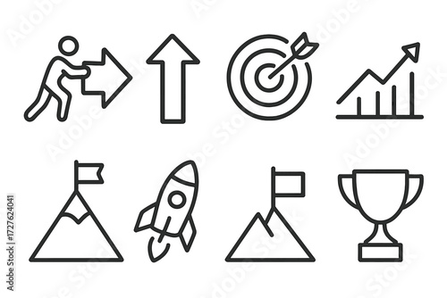 Motivation Icon Set. Motivation icons icons in outline style: push forward, upward arrow, target dart, rising graph, mountain peak, flag marker,