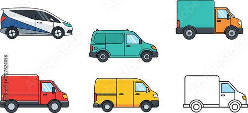 Vector illustration of six cartoon delivery vans and compact cars in side view with colorful designs, urban transport, and vehicle variety.
