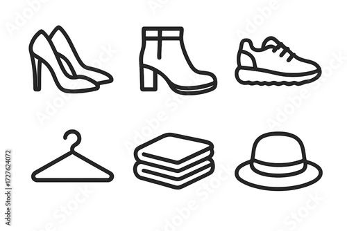 Wardrobe Icon Collection. Wardrobe items icons in outline style: high heels, boots, sneakers, hanger, folded clothes, hat