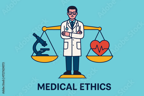 Doctor balancing medical science and patient heart health on scales of justice