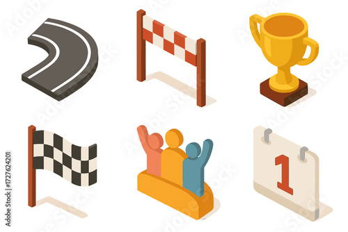 Race Icons Collection. Race icons set icons in modern isometric flat : track curve, finish line, trophy, flag, crowd wave, number bib