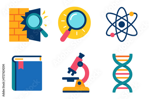 Scientific Discovery Icons. Discovery in modern flat vector : breakthrough, magnifying glass, book, atom, microscope, DNA strand