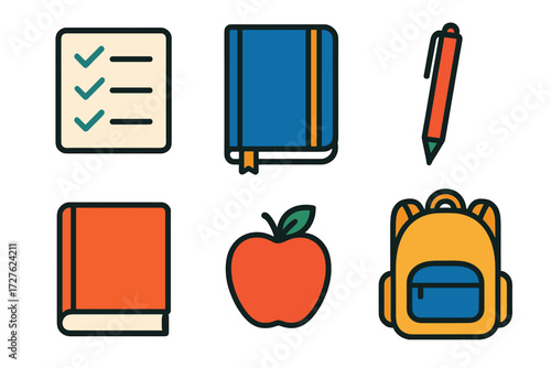 Minimal Study Icons. Study set in modern flat vector : checklist box, notebook, red pen, book, apple, backpack