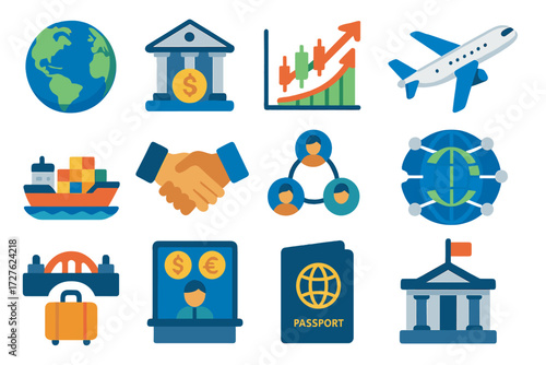 Global Trade and Travel. Global context in modern flat vector : globe, world map, bank building, trading chart, stock market arrow, international