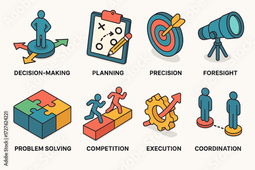 Isometric Planning Icons. Concepts set icons in modern isometric flat : decision-making, planning, precision, foresight, problem solving, competition,