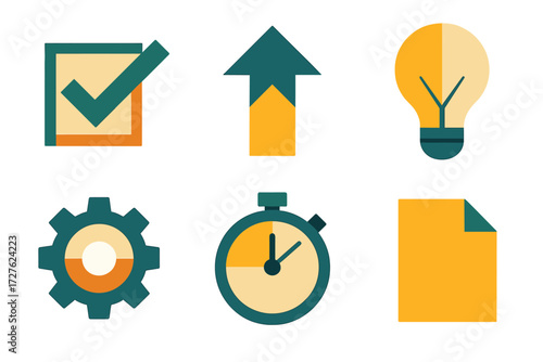 Abstract Productivity Icons. Productivity set of icons in abstract flat : completed box, upward arrow, lightbulb, gear, stopwatch, file