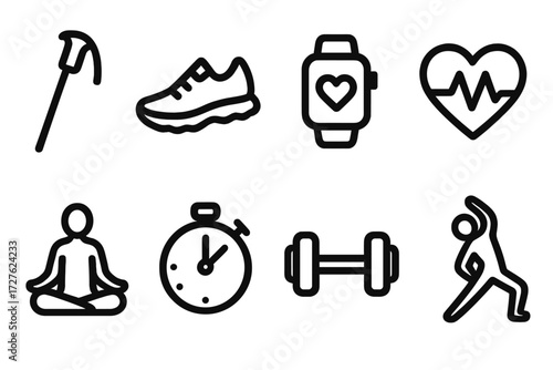 Outdoor Fitness Icons. Fitness outdoors icons in outline style: hiking stick, running shoe, smartwatch, heartbeat, stopwatch, yoga pose, dumbbell,
