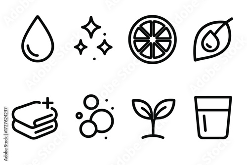 Freshness Icons Set. Freshness icons icons in outline style: raindrop, sparkles, fruit slice, dew on leaf, clean towel, soap bubbles, plant sprout,