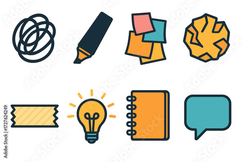 Creative Icon Set. Creative jot visuals set of icons in abstract flat : doodle scribble, marker pen, colorful sticky pads, crumpled paper, tape strip