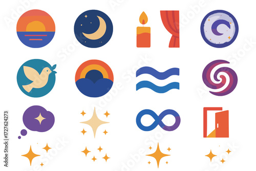 Vibrant Closing Vibes. Closing vibes in modern flat vector : sunset horizon, night sky, moon, starry sky, candle flame, curtain drop, peace dove,