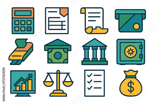 Finance Icon Set. Finance profit margin set of icons in abstract flat : calculator, tax form, receipt roll, credit card, debit swipe, ATM slot, bank
