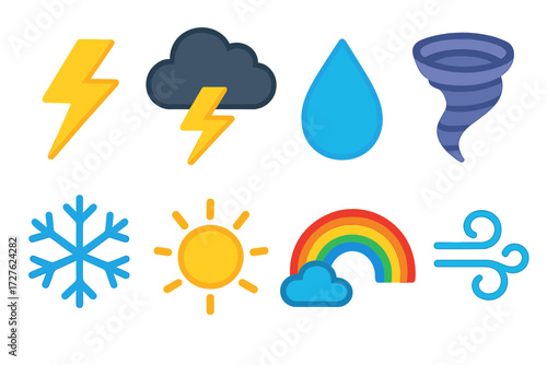 Minimal Weather Icons. Weather icons in modern flat vector : zap mark, thunderstorm cloud, raindrop, tornado, snowflake, sun, rainbow, wind swirl.