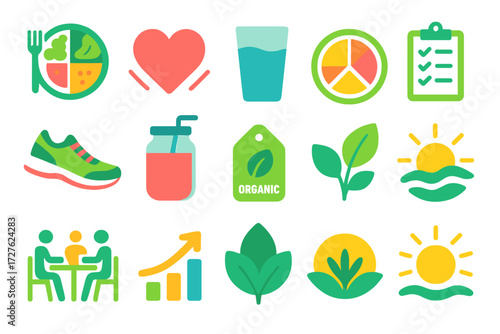 Balanced Wellness Icons. Healthy lifestyle in modern flat vector : balanced plate, heart wellness, water glass, calorie chart, fitness shoe, smoothie
