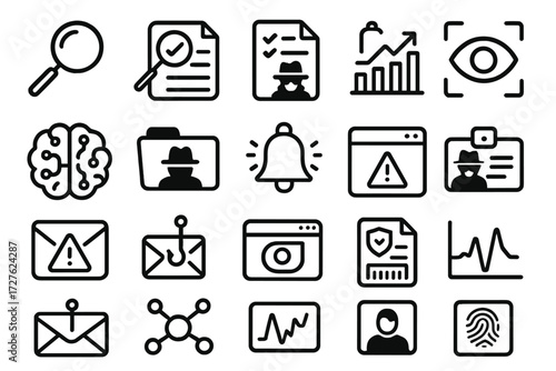 Detection Tools Icons. Detection tools icons in outline style: magnifying glass, search document, audit checklist, analytics chart, AI brain,