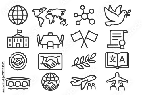International Cooperation Icons. International cooperation icons in outline style: globe, world map, connected nodes, flying dove, peace symbol,