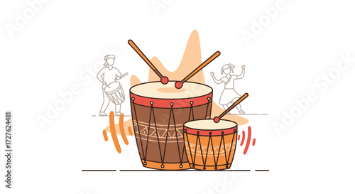 Two Traditional Wooden Drums with Drumsticks and Abstract Musical Notes.