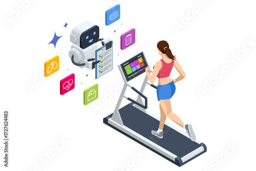 AI fitness treadmill. Isometric illustration of woman running on treadmill with AI assistant analyzing health data, fitness technology concept.