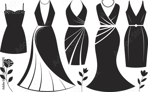  fashion vector illustration, stylish women’s clothing designs, formal wear icons, editable outfit templates, trendy apparel pack with rose