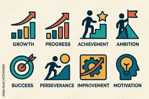 Icon Set. Concepts set of icons in abstract flat : growth, progress, achievement, ambition, success, perseverance, improvement, motivation