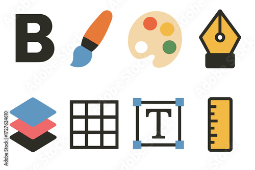 Design Tools Icons. Design tools set of icons in abstract flat : bold font, paintbrush, color palette, pen nib, layers, grid, text box, ruler.
