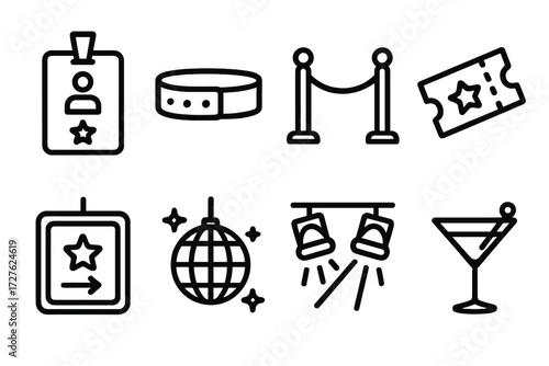 Nightlife Icon Set. Nightlife access icons in outline style: club pass, wristband, VIP rope, ticket, neon sign, disco ball, stage lights, cocktail