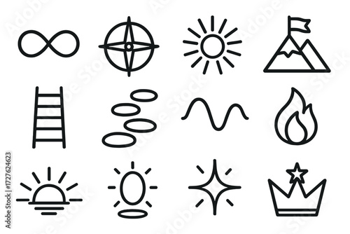 Symbolic Journey Icons. Symbolic lap counting icons in outline style: infinity loop, guiding compass, radiant sun, mountain peak with flag, ladder