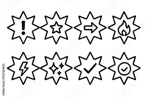 Symbolic Burst Icons. Symbols icons in outline style: burst with exclamation mark, burst with star, burst with arrow, burst with flame, burst with