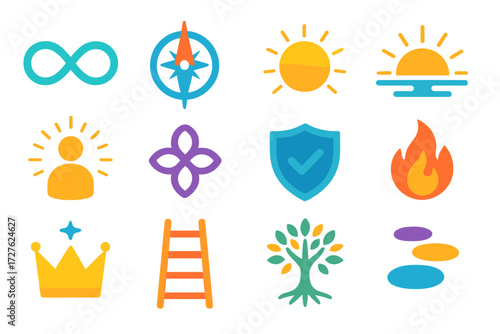 Vibrant Symbolic Icons. Symbolic system tray in modern flat vector : infinity loop, guiding compass, radiant sun, sunrise horizon, glowing aura,