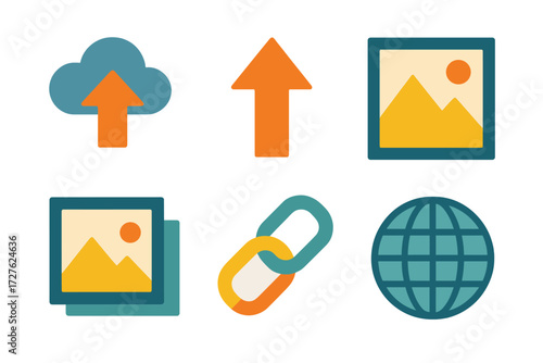 Icon Set. Web action set of icons in abstract flat : image upload, arrow up, photo frame, gallery, link chain, globe