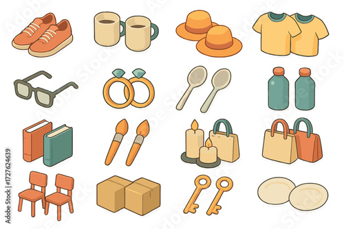 Isometric Icon Pairs. Match objects set icons in modern isometric flat : paired shoes, twin cups, twin hats, matching shirts, paired glasses, twin