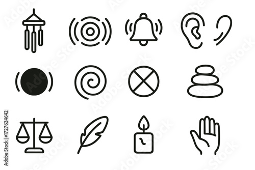Mindfulness Icon Set. Mindfulness sound symbols icons in outline style: hanging wind chime, resonance waves, ringing bell, ear listening, vibrating