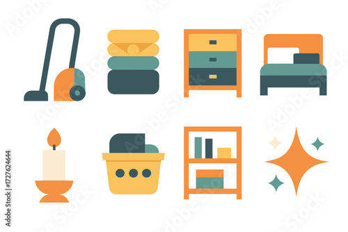 Home Care Icons. Home care set of icons in abstract flat : vacuum cleaner, folded clothes, dresser, tidy bed, candle, laundry basket, organized shelf