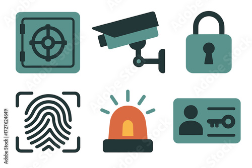 High Security Icons. High security set of icons in abstract flat : vault door, CCTV camera, padlock, fingerprint scan, alarm bell, keycard