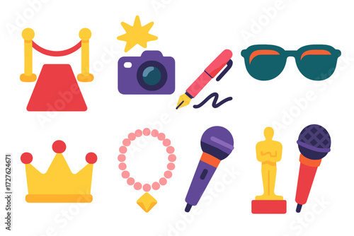 Celebrity Icon Set. Celebrity icons in modern flat vector : red carpet, camera flash, sunglasses, autograph pen, crown, jewelry, microphone, award