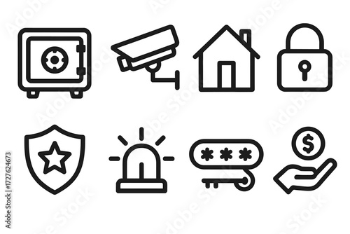 Home Security Icons. Home security icons in outline style: safe box, CCTV camera, house, padlock, shield with star, alarm system, password key, hand
