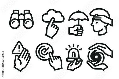 Weather Alert Icons. Gestures icons in outline style: hand holding binoculars, hand pointing at cloud, hand holding umbrella, hand shielding eyes,