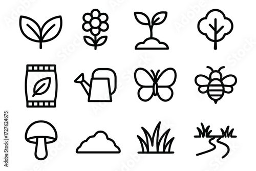 Nature Icon Collection. Nature growing together icons in outline style: eco leaf, flower, sprout, tree, seed packet, watering can, butterfly, bee,