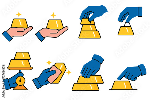 Hands Handling Gold Bars. Gestures in modern flat vector : hand holding gold bar, hand offering gold bar, hand stacking gold bars, hand lifting gold