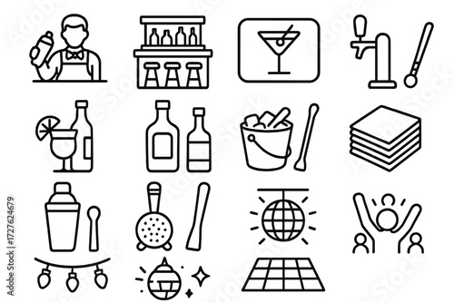 Bar Icons Collection. Bar context icons in outline style: bartender, bar counter, neon sign, beer tap, cocktail bottle, spirit bottle, ice bucket,