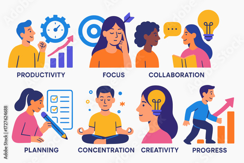 Modern Productivity Concepts. Concepts in modern flat vector : productivity, focus, collaboration, learning, planning, concentration, creativity,