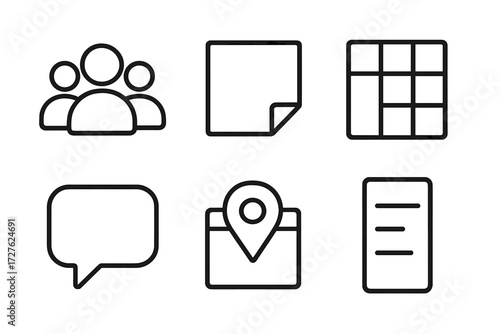 Teamwork Icon Set. Team board icons in outline style: group of people, sticky note, board grid, chat bubble, calendar marker, task column