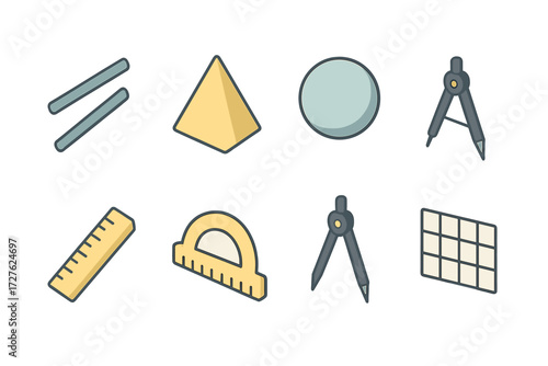 Tools Collection. Geometry icons set icons in modern isometric flat : parallel lines, triangle, circle, square, ruler, protractor, compass, grid.
