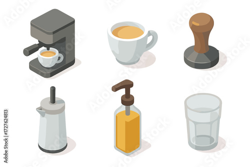 Cafe Icon Set. Cafe style set icons in modern isometric flat : coffee maker, espresso cup, tamper, milk frother, syrup bottle, glass